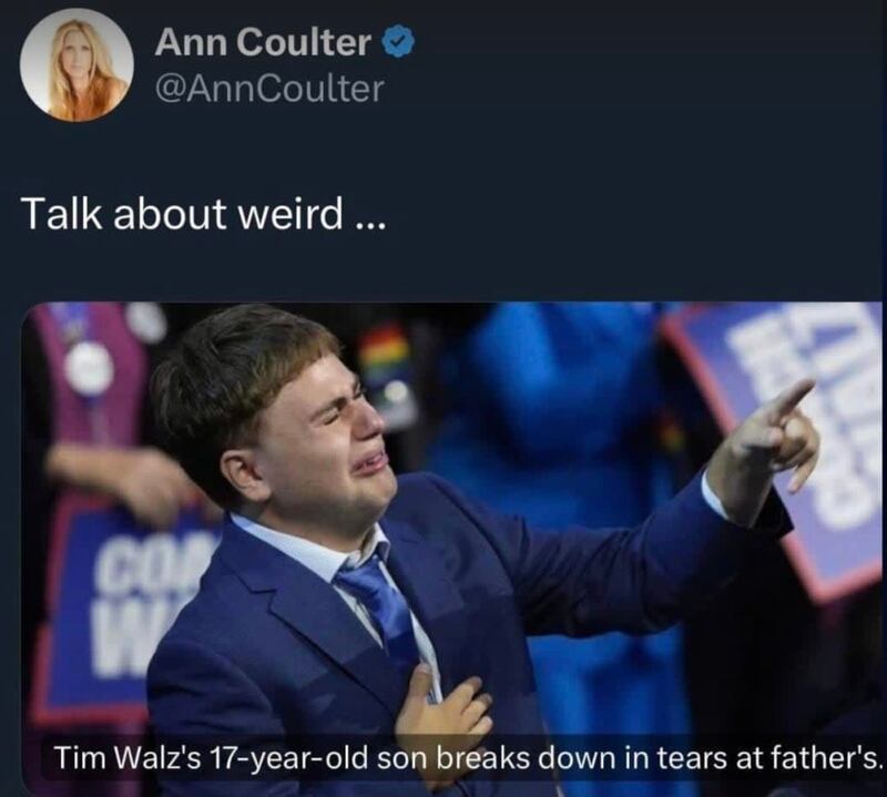 Screenshot of the deleted tweet by Ann Coulter mocking Gus Walz.